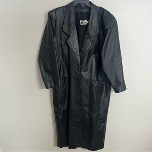 Vintage 90s Women Comint Black Leather Longline Trench Coat Size Large Oversized